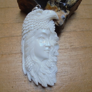 Hand Carved Eagle Goddess Buffalo Bone Pendant - Sterling Silver Bail