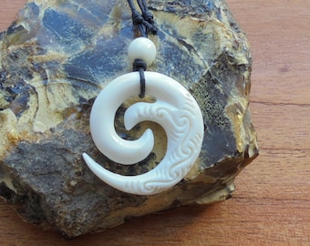 Maori Koru Spiral Bone Necklace, Bone Pendant, Bali Bone Carving Jewelry  M27