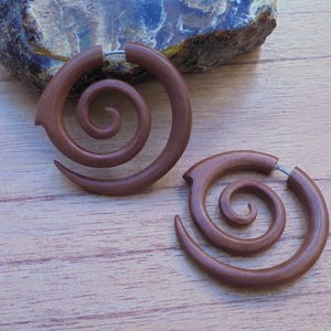 Fake Gauge Earrings, Spiral Fake Earrings, Wood Fake Earrings, Wooden Accessories, Bali Jewelry, Saba 05 image 2