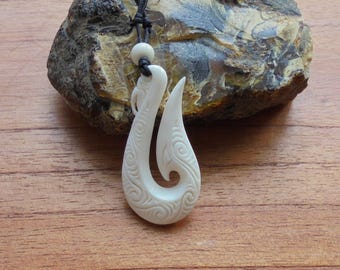 Maori Fish Hook Bone Necklace, Hei Matau, Bone Pendant, Bali Bone Carving Jewelry  M16