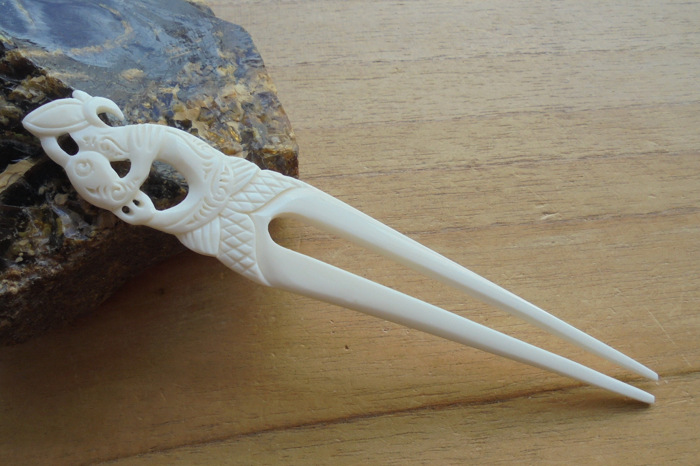 Maori Razor Design Hair Maori Buffalo Bone Hair Stick, Two Prong Hair Fork HS 509 BN-2 - Etsy