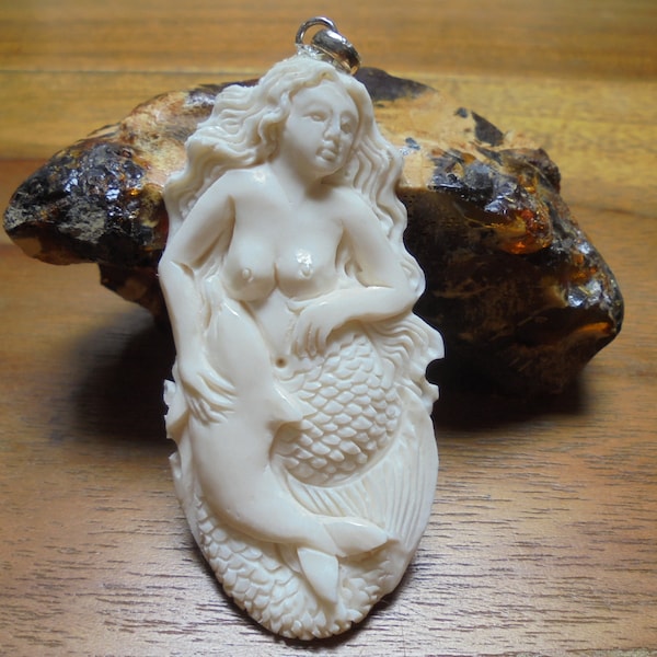 Mermaid Bone Pendant, Mermaid Dolphin Bone Carving Jewelry MP 1113-3