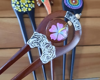 Ręcznie malowane drewniane patyczki do włosów: zestaw spinek do włosów Bali
