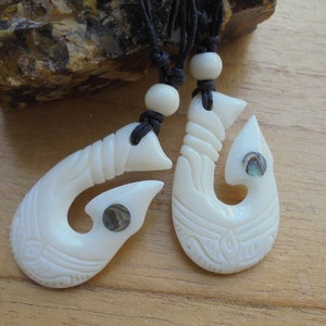 Maori Fish Hook Bone Necklace with Paua Shell Inlay, Hei Matau, Bone Pendant, Bali Bone Carving Jewelry  M423
