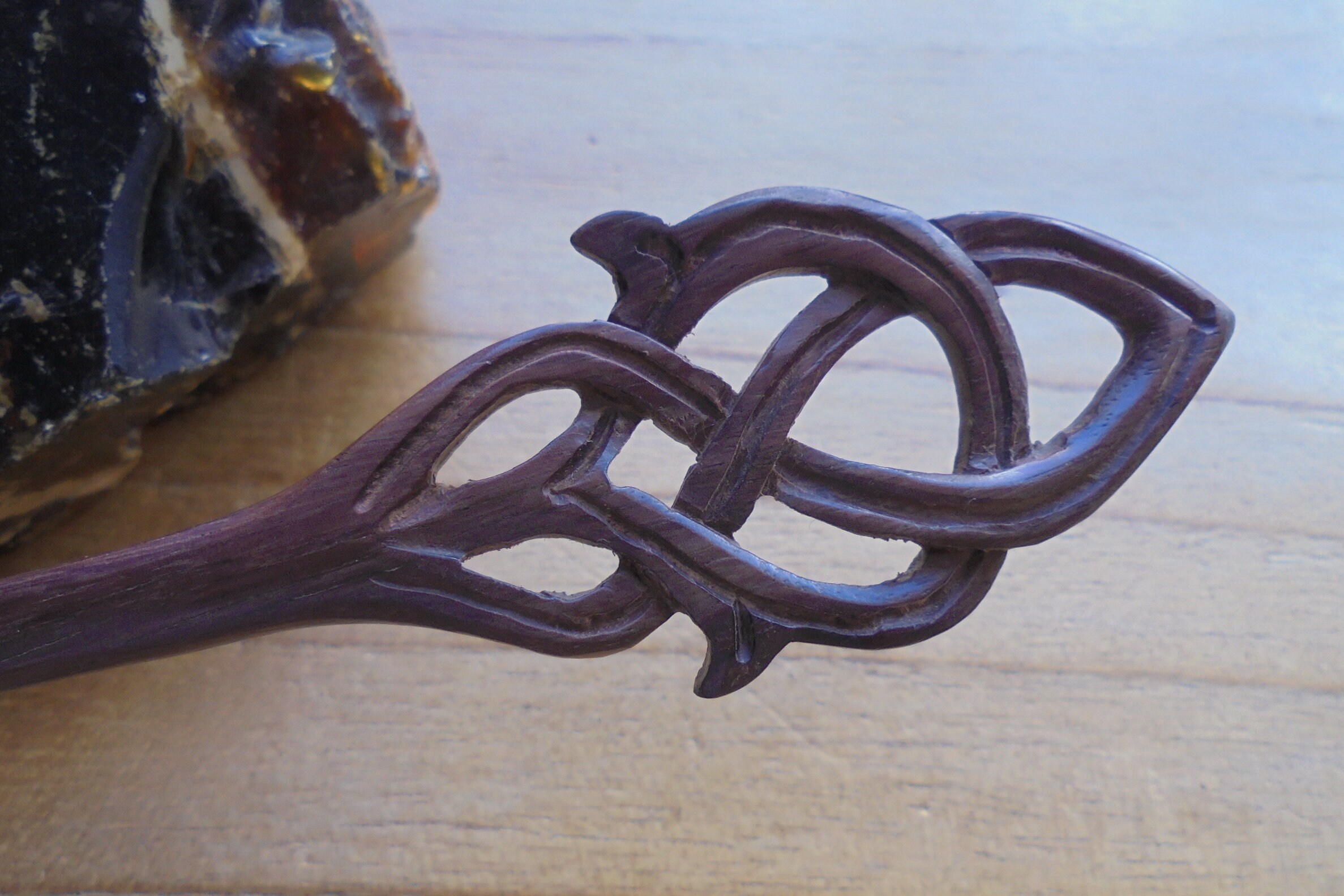 Handmade Celtic Wooden Hair Stick Pick Or Shawl Scarf Pin - Sono Rose Wood, Carved, Brown