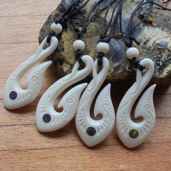 Maori Fish Hook Bone Necklace with Paua Shell Inlay, Hei Matau, Bone Pendant, Bali Bone Carving Jewelry  M26