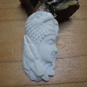 Hand Carved Bone Goddess Pendant: Eagle Wolf Design, Sterling Silver Bail