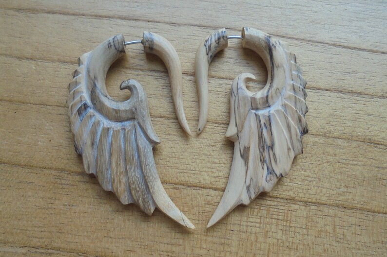 Bali Jewelry TM 02-12 Tamarind Wood Fake Gauge Earrings Wooden Accessories Angel Wings Earrings