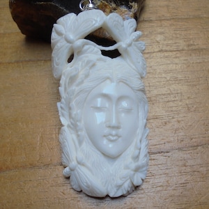 Hand Carved Butterfly Goddess Buffalo Bone Pendant - Bali Carving