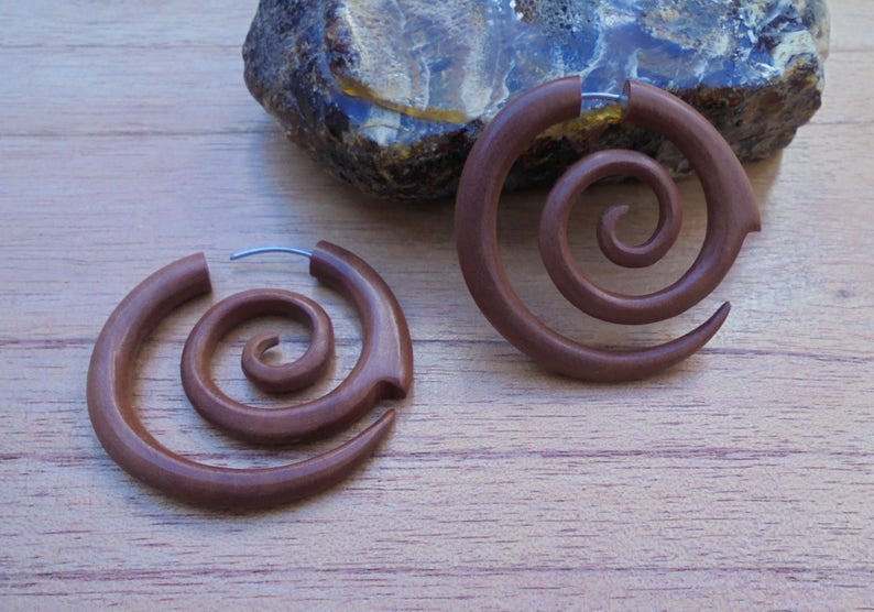 Fake Gauge Earrings, Spiral Fake Earrings, Wood Fake Earrings, Wooden Accessories, Bali Jewelry, Saba 05 image 5