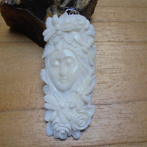 Hand Carved Bone Bee Goddess Pendant - Sterling Silver Bail
