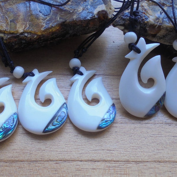 Maori Fish Hook Bone Necklace with Paua Shell Inlay, Hei Matau, Bone Pendant, Bali Bone Carving Jewelry  M 102