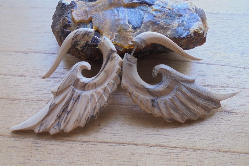 Tamarind Wood Fake Gauge Earrings Wooden Accessories Bali Jewelry TM 02-12 Angel Wings Earrings