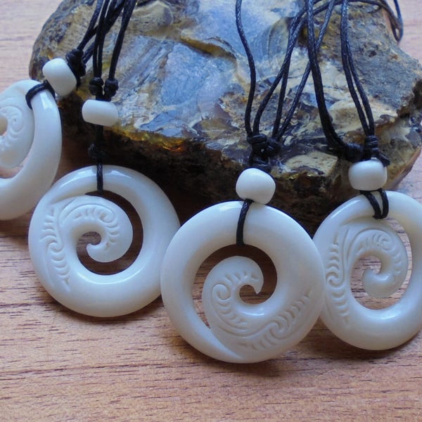 Maori Koru Spiral Bone Necklace, Bone Pendant, Bali Bone Carving Jewelry  M28