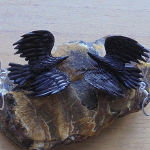 Hand Carved Raven Earrings, Black Raven, Buffalo Horn Jewelry E20