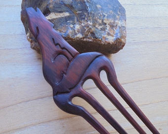 Carved Wolf Sono Wood Hair Fork, 4 Prong Hair Pin HS WL04-1 SN