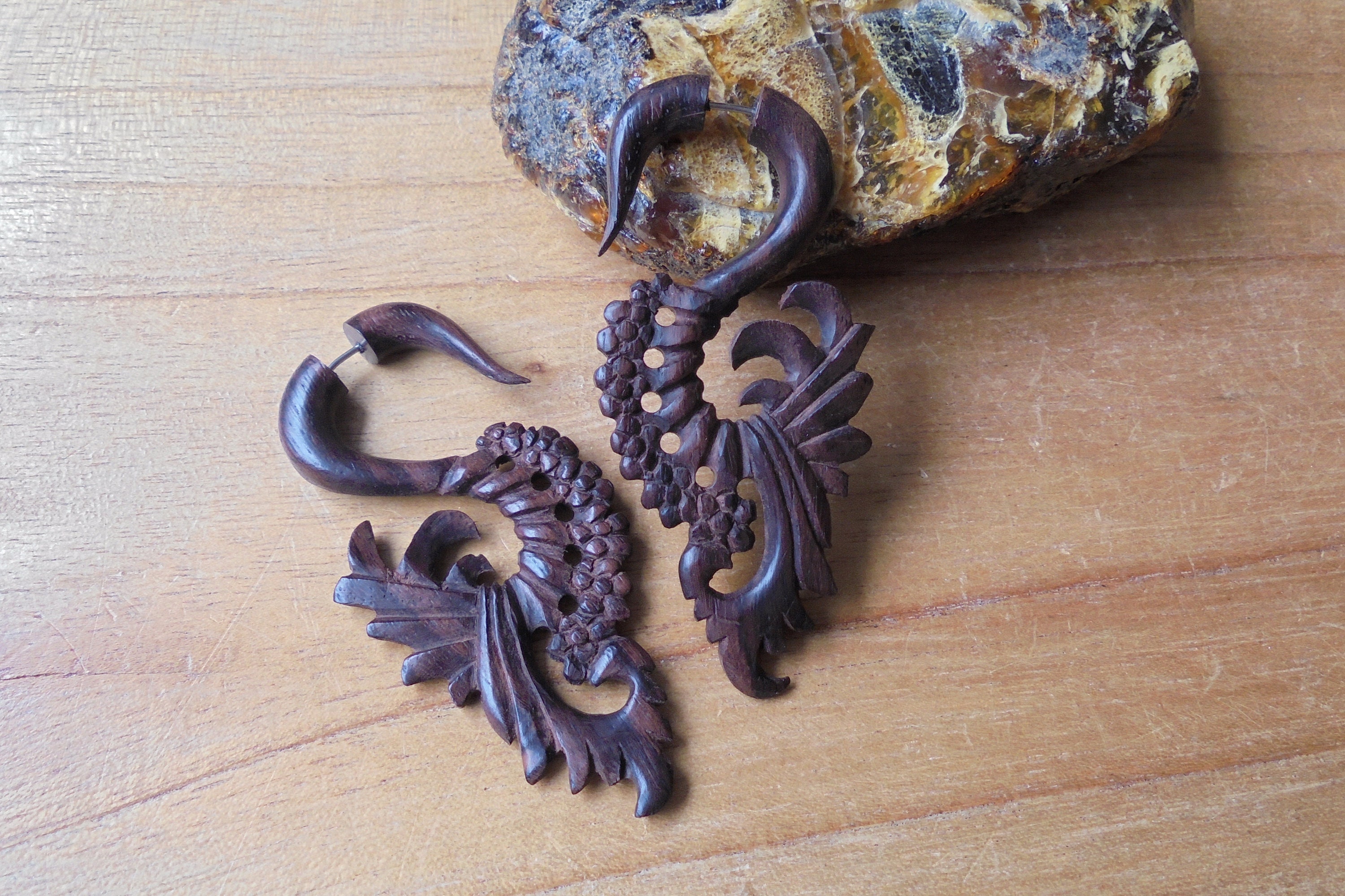 Flower Fake Earrings Fake Gauge Earrings Wood Fake Earrings Etsy