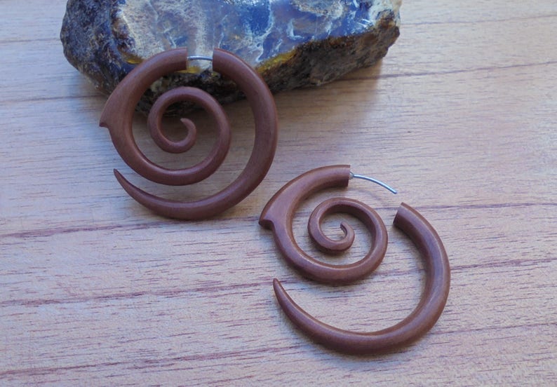 Fake Gauge Earrings, Spiral Fake Earrings, Wood Fake Earrings, Wooden Accessories, Bali Jewelry, Saba 05 image 3