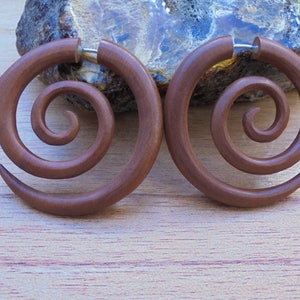 Fake Gauge Earrings, Spiral Fake Earrings, Wood Fake Earrings, Wooden Accessories, Bali Jewelry, Saba 05 image 1