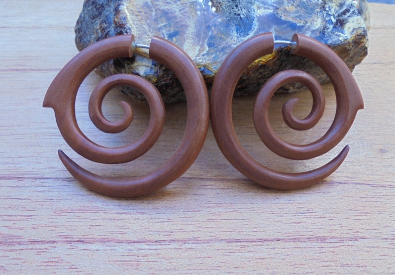 Fake Gauge Earrings, Spiral Fake Earrings, Wood Fake Earrings, Wooden Accessories, Bali Jewelry, Saba 05 image 1