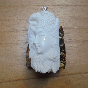 Hand Carved Eagle Goddess Buffalo Bone Pendant - Sterling Silver