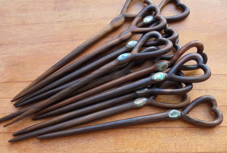 1 pinza para el pelo de madera con punta de corazón con pasador para el cabello con incrustación de paua image 3
