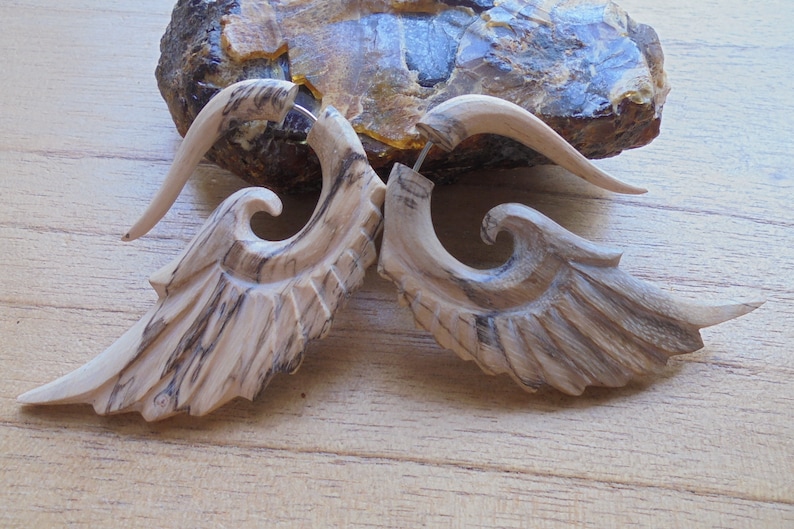 Tamarind Wood Fake Gauge Earrings Wooden Accessories Bali Jewelry TM 02-12 Angel Wings Earrings