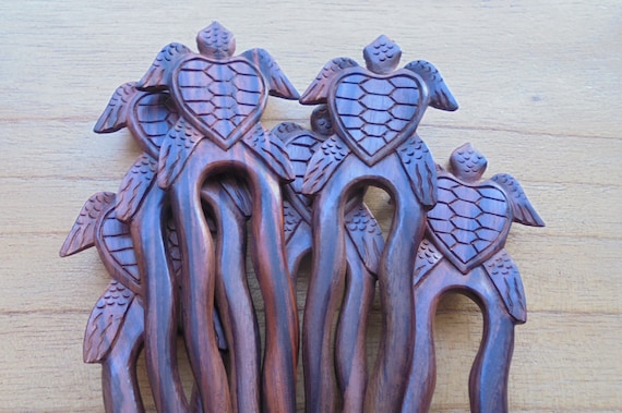 Vintage Wooden Hair Stick/Barrette With Turtle Design Carved SEA TURTLE wooden HAIR JEWELRY PICK STICK or SHAWL  main image 2