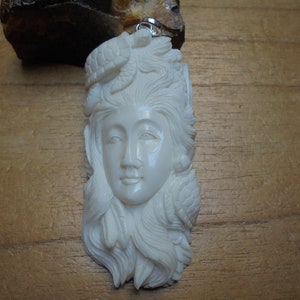Hand Carved Bone Goddess Pendant: Bali Turtle Design, Sterling Silver