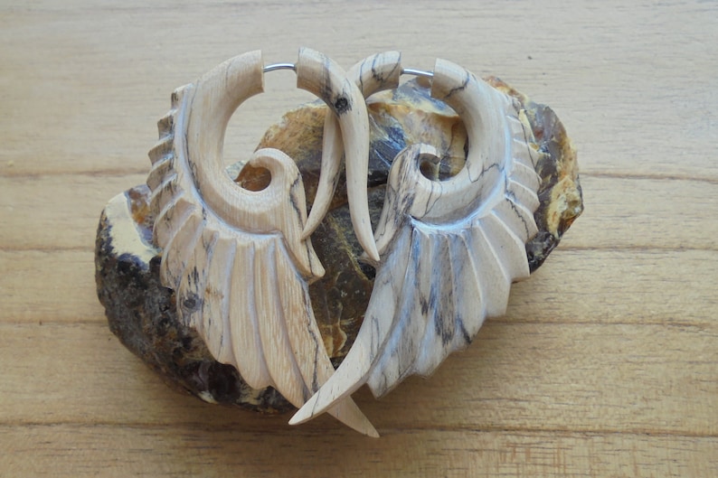 Tamarind Wood Fake Gauge Earrings Wooden Accessories Bali Jewelry TM 02-12 Angel Wings Earrings