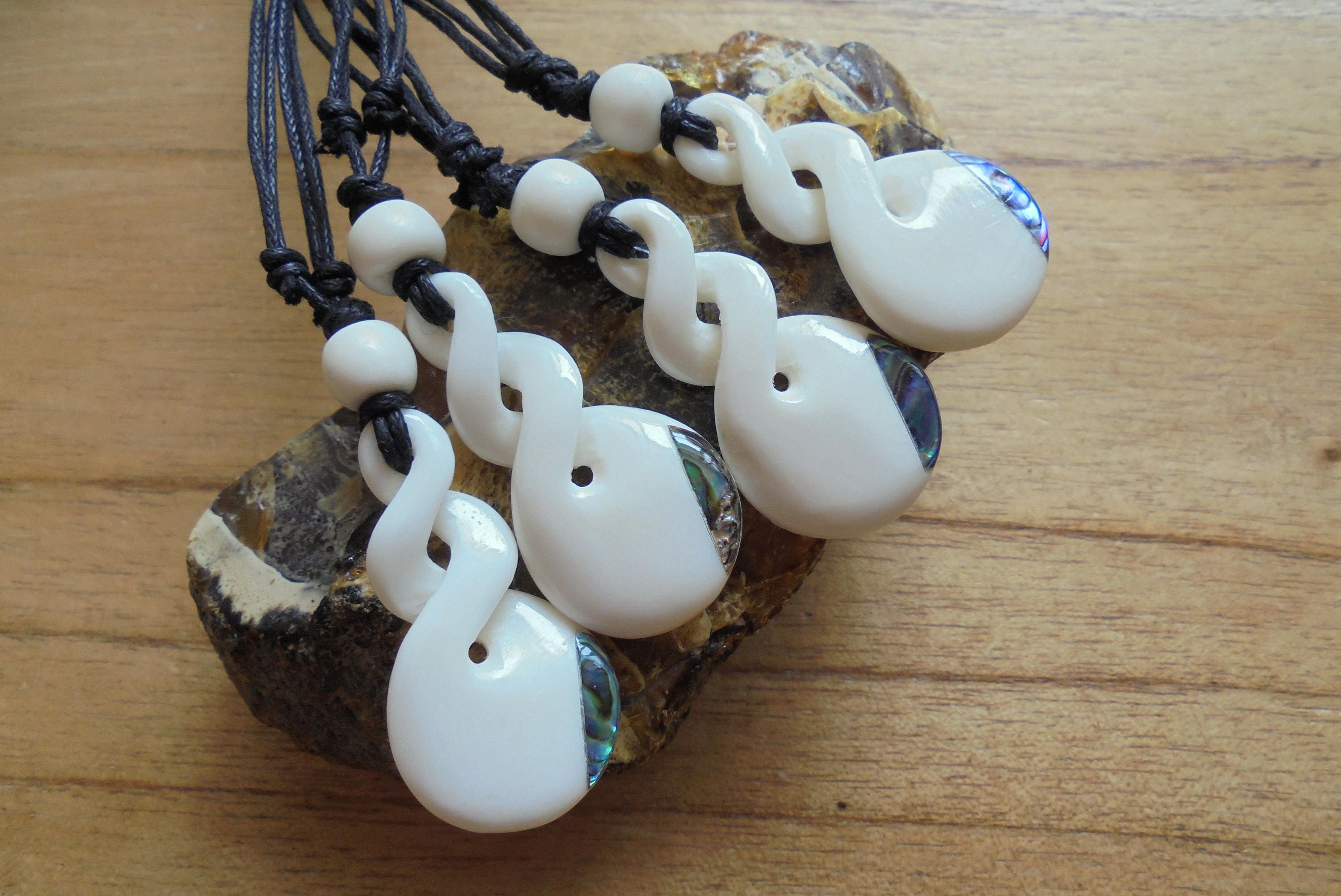 Double Twist Bone Necklace With Paua Shell Inlay Bone Etsy UK