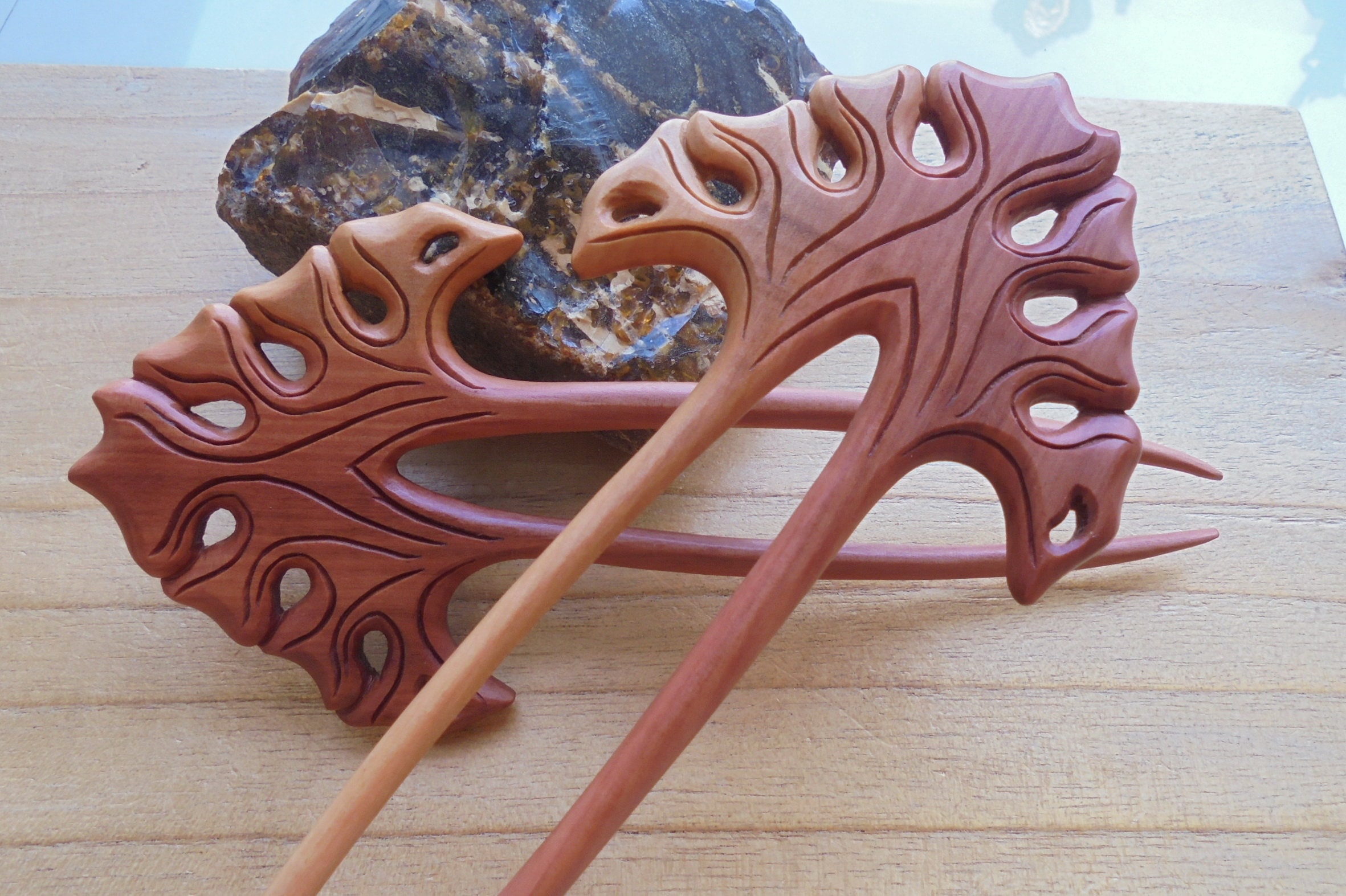 2 Prongs FLOWER Wood Hair Sticks, Wood Hair Pin, Wood Hair  display picture 1