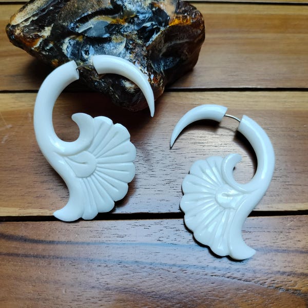 Bone Flower Fake Gauge Earrings: Bali Tribal Jewelry