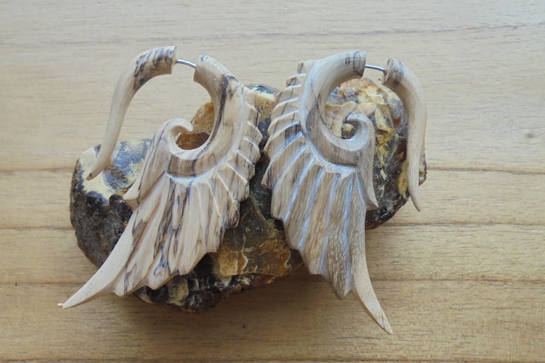 Bali Jewelry TM 02-12 Tamarind Wood Fake Gauge Earrings Wooden Accessories Angel Wings Earrings