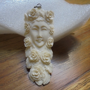 Flower Goddess Bone Pendant, Hand Carved Goddess Bali Bone Carving PD21-4