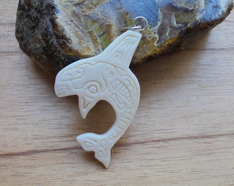 Haida Orca Bone Pendant: Sterling Silver Bail, Northwest Coast Carving
