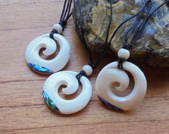 Maori Koru Spiral Bone Necklace with Paua Shell Inlay, Bone Pendant, Bali Bone Carving Jewelry  M08