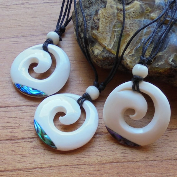 Maori Koru Spiral Bone Necklace with Paua Shell Inlay, Bone Pendant, Bali Bone Carving Jewelry  M08