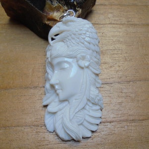 Hand Carved Eagle Goddess Buffalo Bone Pendant - Bali Carving