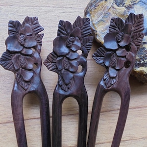 Flower Hair Pin, 2 Prongs Wood Hair Sticks, Organic Wood Hair Fork Accessories HS53 image 1