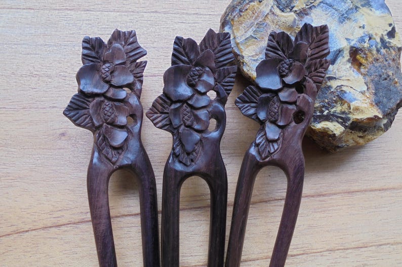 Flower Hair Pin, 2 Prongs Wood Hair Sticks, Organic Wood Hair Fork Accessories HS53 image 1