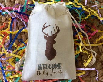 Set of 10 Personalized Favor Bags with Deer for Boy Baby Shower or Birthday (Item 1322A)