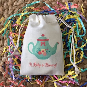 Set of 10 Tea Party Theme Baby Shower Favors "A Baby is Brewing" - Turquoise and Red Tea Pot Custom Muslin Cotton Bags (Item 1354A)