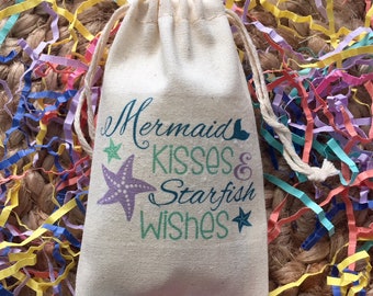 Set of 10 Personalized Mermaid Birthday Party Favor Bags / Mermaid Kisses & Starfish Wishes (Item 1587A)