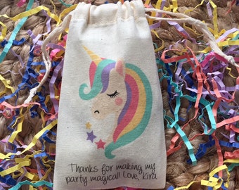 Set of 10 Personalized Unicorn Party Favors - Custom Muslin Cotton Bags (Item 1594A)