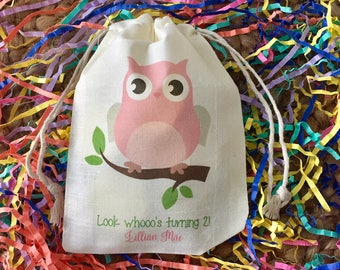 Set of 10 Pink and Green Owl Baby Shower Favors or Birthday Party Favors- Custom Muslin Cotton Bags (Item 1350A)