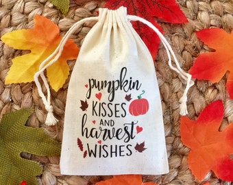 Set of 10 Thanksgiving Favor Bags / Pumpkin Kisses and Harvest Wishes Treat Bags / Fall Wedding Favors (Item 1642A)