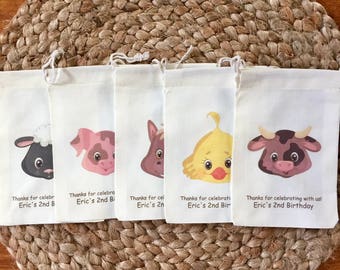 Set of 10 Personalized Baby Farm Animal Faces Party Favors - Custom Muslin Cotton Bags (Item 1340A)