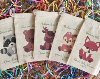 Set of 10 Woodland Theme Forest Animal Favor Bags for Birthday or Baby Shower - Custom Muslin Cotton Bags (Item 1672A)