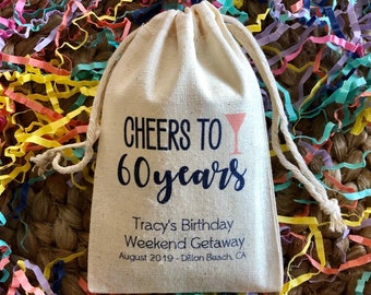 Set of 10 Personalized Party Favor Bags "Cheers to 60 Years" Martini Birthday Custom Muslin Cotton Bags (Item 2012A)